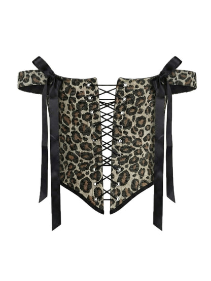 leopard print corset top, reversible corset top, leopard corset, animal print corset, denim corset, black denim corset, lace up corset, lace up front and back, boned bustier, structured corset top, jacquard corset top, adjustable corset top, statement corset top