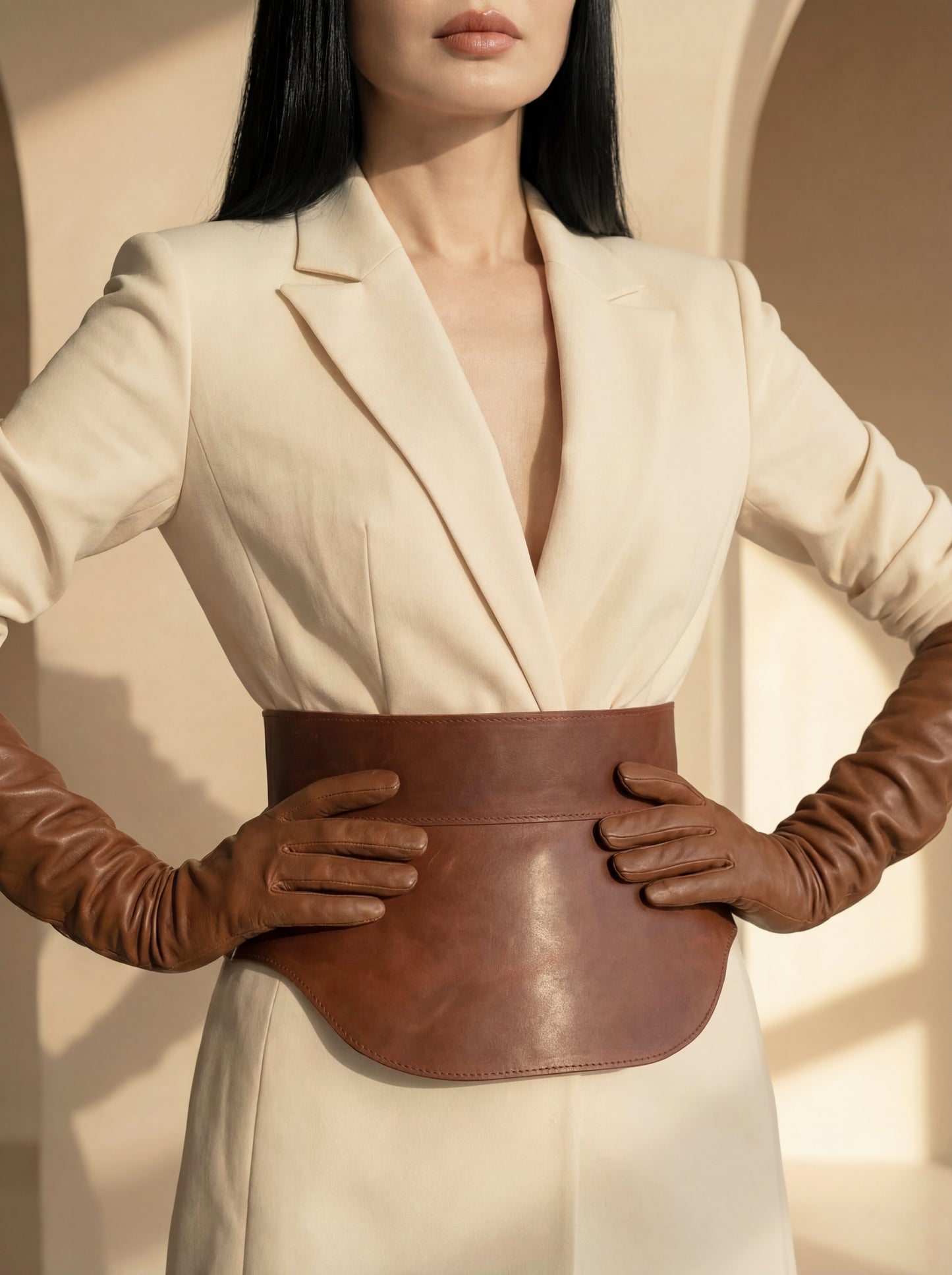Пояс із баскою зі шкіри коньячного кольору – архітектурний корсет-баска