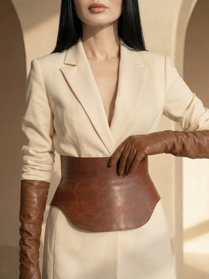 Пояс із баскою зі шкіри коньячного кольору – архітектурний корсет-баска