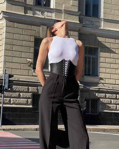 Black Leather underbust corset belt, festival waist wide corset