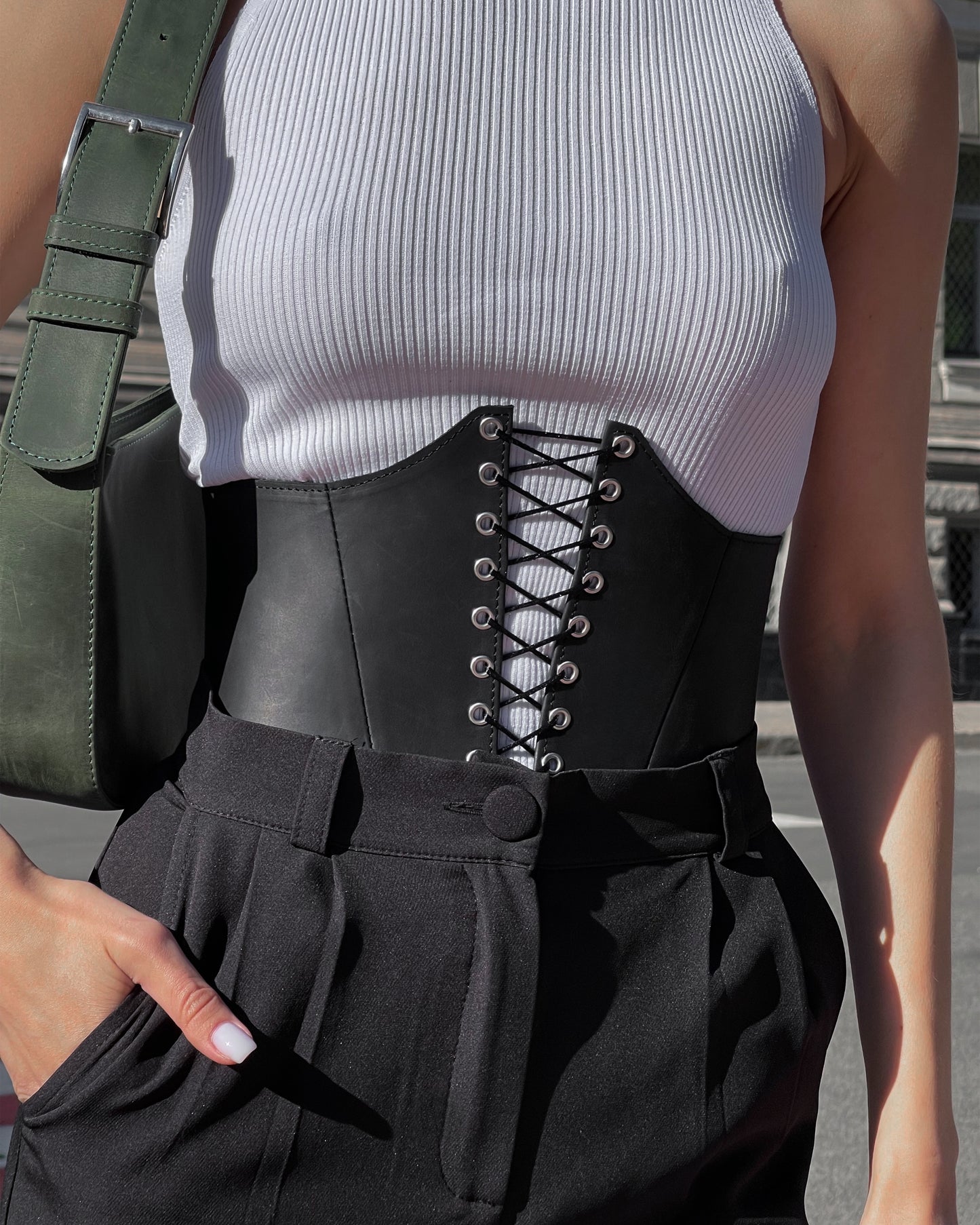 Black Leather underbust corset belt, festival waist wide corset