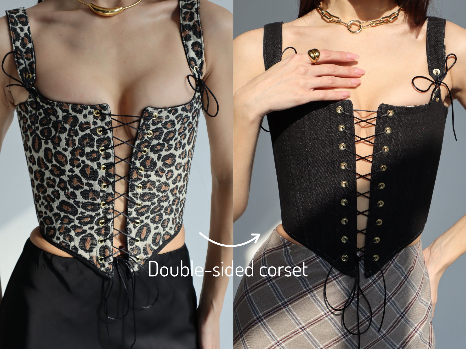 leopard print corset top, reversible corset top, leopard corset, animal print corset, denim corset, black denim corset, lace up corset, lace up front and back, boned bustier, structured corset top, jacquard corset top, adjustable corset top, statement corset top