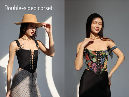 black floral corset top overbust, lace up corset front and back, tapestry corset with black flowers pattern, structured corset top for waist shaping, gothic romantic corset outfit, adjustable lace up corset top, custom size corset for perfect fit, elegant black corset with floral fabric texture, feminine silhouette shaping corset, ditogs corsets black flowers design
