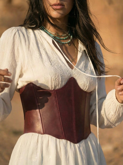 underbust leather corset, structured waist shaping corset belt, boned leather waist cincher, brown leather corset top, handmade fashion corset, sculpted silhouette, minimalist structured bodice
