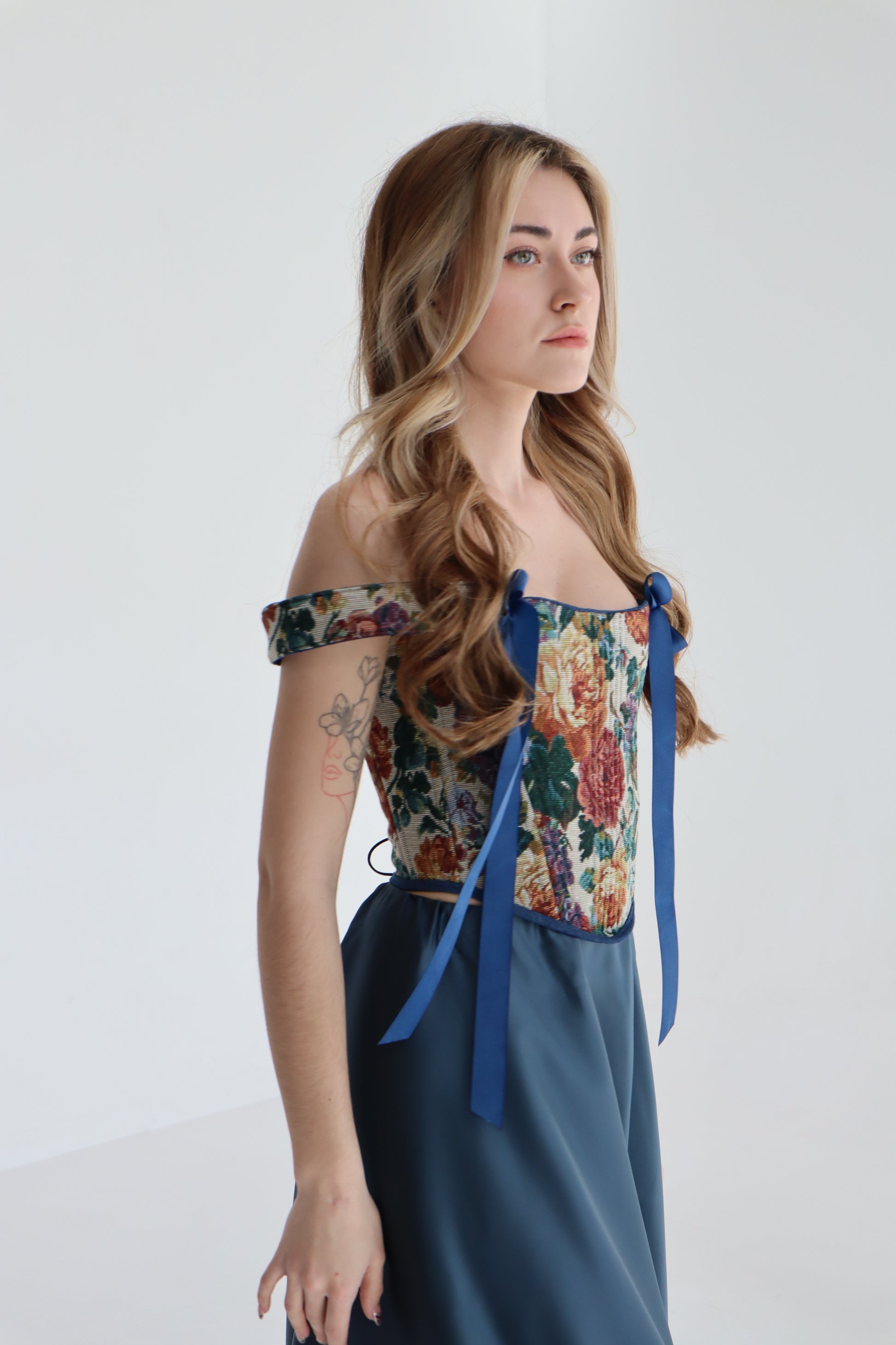 Renaissance corset top, reversible floral jacquard tapestry, boned bodice, off shoulder design, lace up back, structured waist shaping corset, ribbon strap detail, custom size handmade corset, renaissance fair outfit, festival look, gothic romantic evening styling, photoshoot or wedding corset