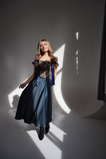 Renaissance corset top, reversible floral jacquard tapestry, boned bodice, off shoulder design, lace up back, structured waist shaping corset, ribbon strap detail, custom size handmade corset, renaissance fair outfit, festival look, gothic romantic evening styling, photoshoot or wedding corset