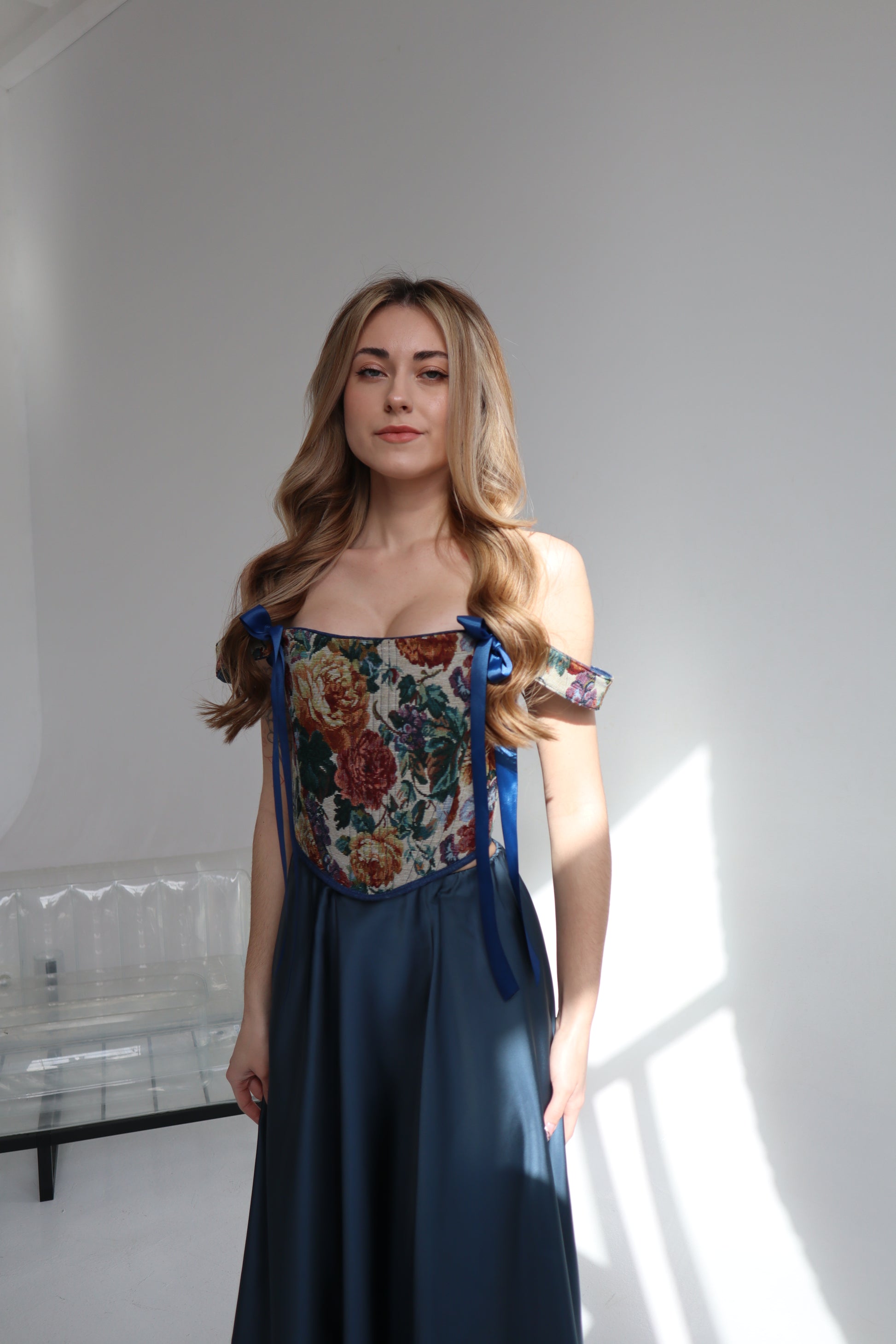 Renaissance corset top, reversible floral jacquard tapestry, boned bodice, off shoulder design, lace up back, structured waist shaping corset, ribbon strap detail, custom size handmade corset, renaissance fair outfit, festival look, gothic romantic evening styling, photoshoot or wedding corset