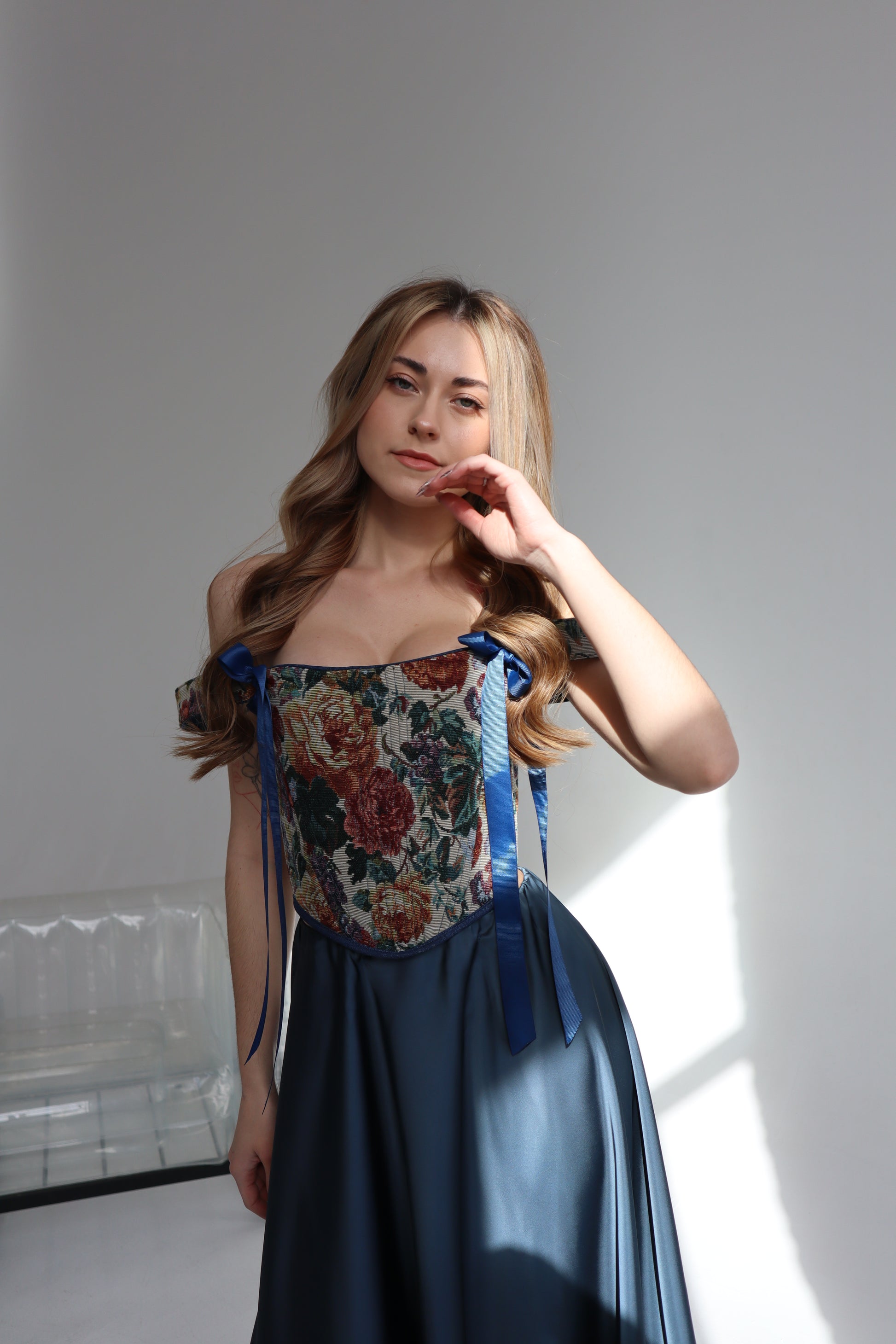 Renaissance corset top, reversible floral jacquard tapestry, boned bodice, off shoulder design, lace up back, structured waist shaping corset, ribbon strap detail, custom size handmade corset, renaissance fair outfit, festival look, gothic romantic evening styling, photoshoot or wedding corset