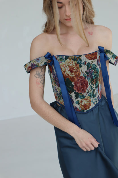 Renaissance corset top, reversible floral jacquard tapestry, boned bodice, off shoulder design, lace up back, structured waist shaping corset, ribbon strap detail, custom size handmade corset, renaissance fair outfit, festival look, gothic romantic evening styling, photoshoot or wedding corset