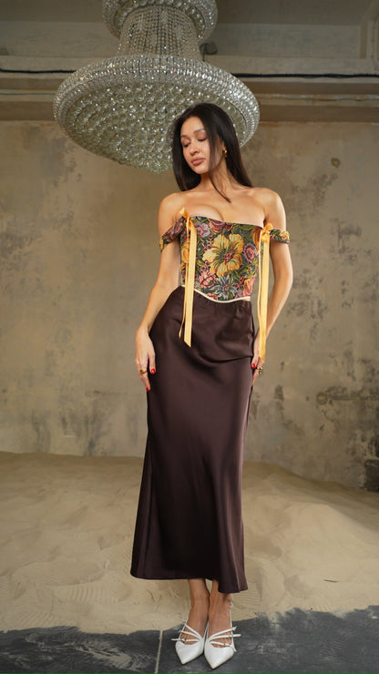 Khaki floral corset top, structured boned bodice, reversible lace up corset, off shoulder ribbon straps, waist shaping silhouette, handmade custom size corset, renaissance fair outfit, vintage botanical tapestry top, festival or evening styling
