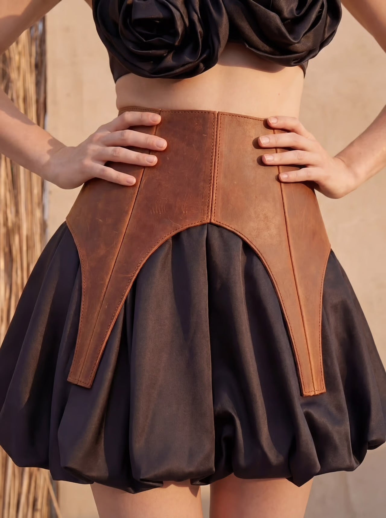 Cognac Leather Peplum Basque Belt – Structured Waist Corset Belt