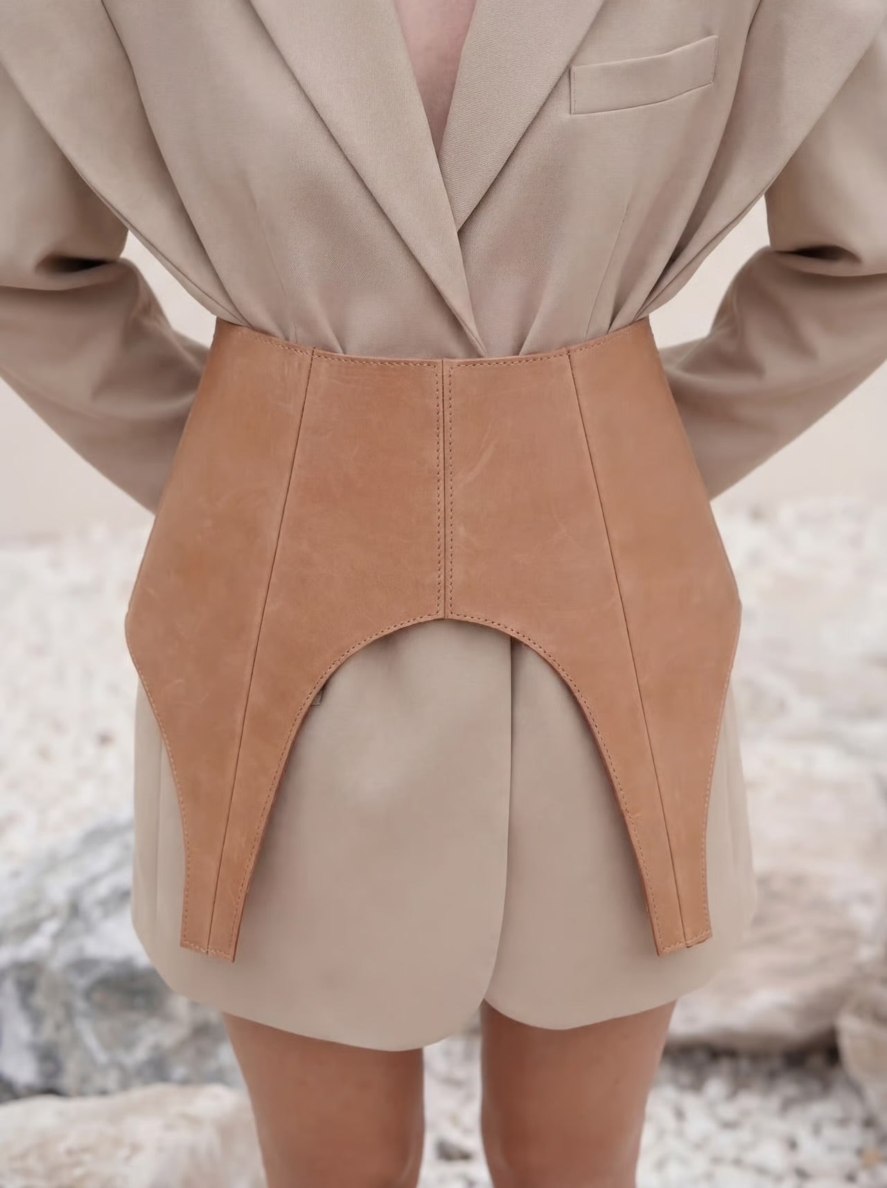 Beige Leather Peplum Basque Belt – Structured Waist Corset Belt