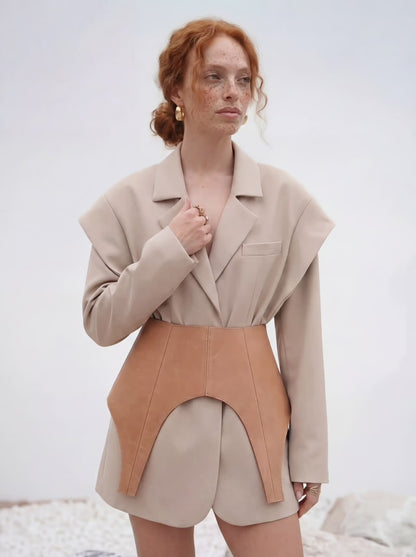 Beige Leather Peplum Basque Belt – Structured Waist Corset Belt