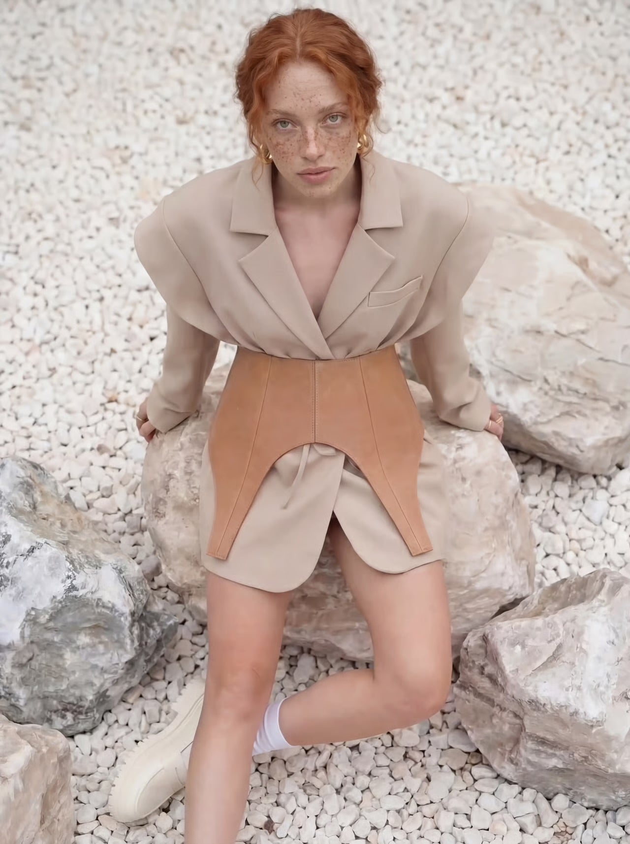 Beige Leather Peplum Basque Belt – Structured Waist Corset Belt