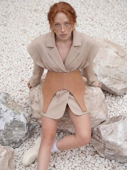 Beige Leather Peplum Basque Belt – Structured Waist Corset Belt