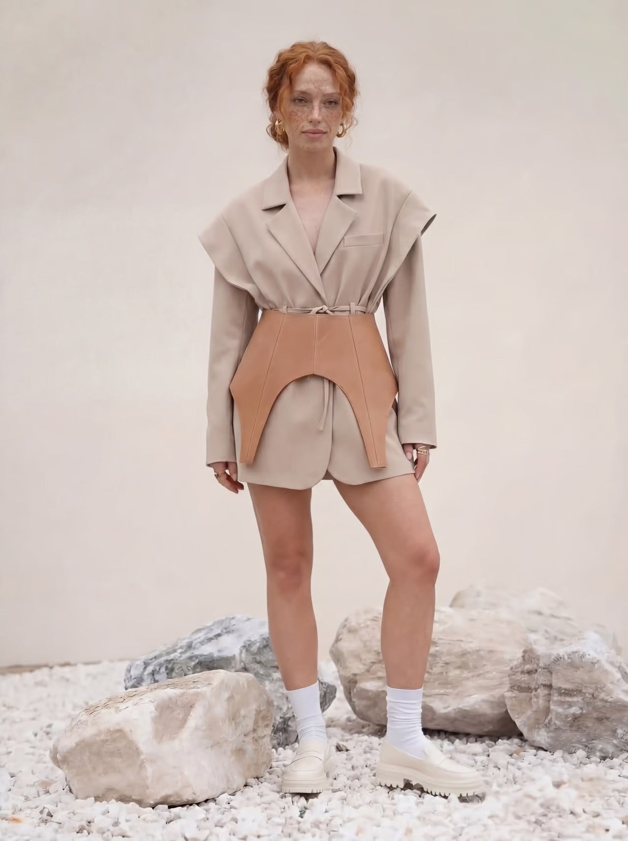 Beige Leather Peplum Basque Belt – Structured Waist Corset Belt