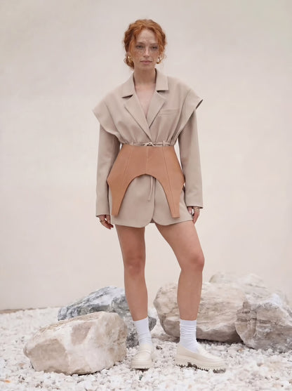 Beige Leather Peplum Basque Belt – Structured Waist Corset Belt