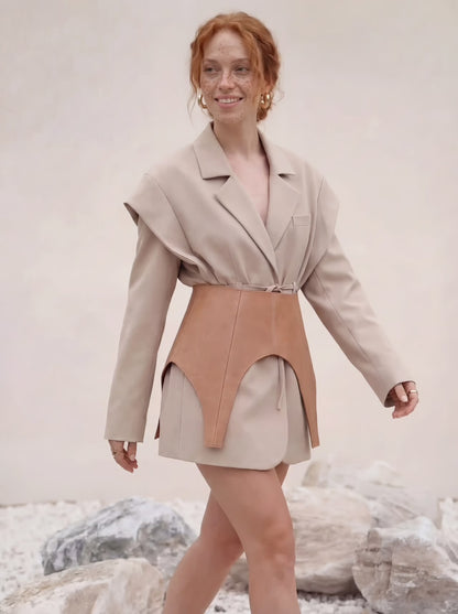 Beige Leather Peplum Basque Belt – Structured Waist Corset Belt