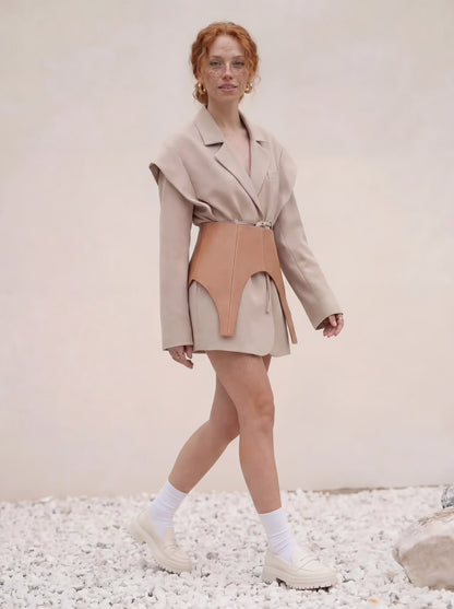 Beige Leather Peplum Basque Belt – Structured Waist Corset Belt