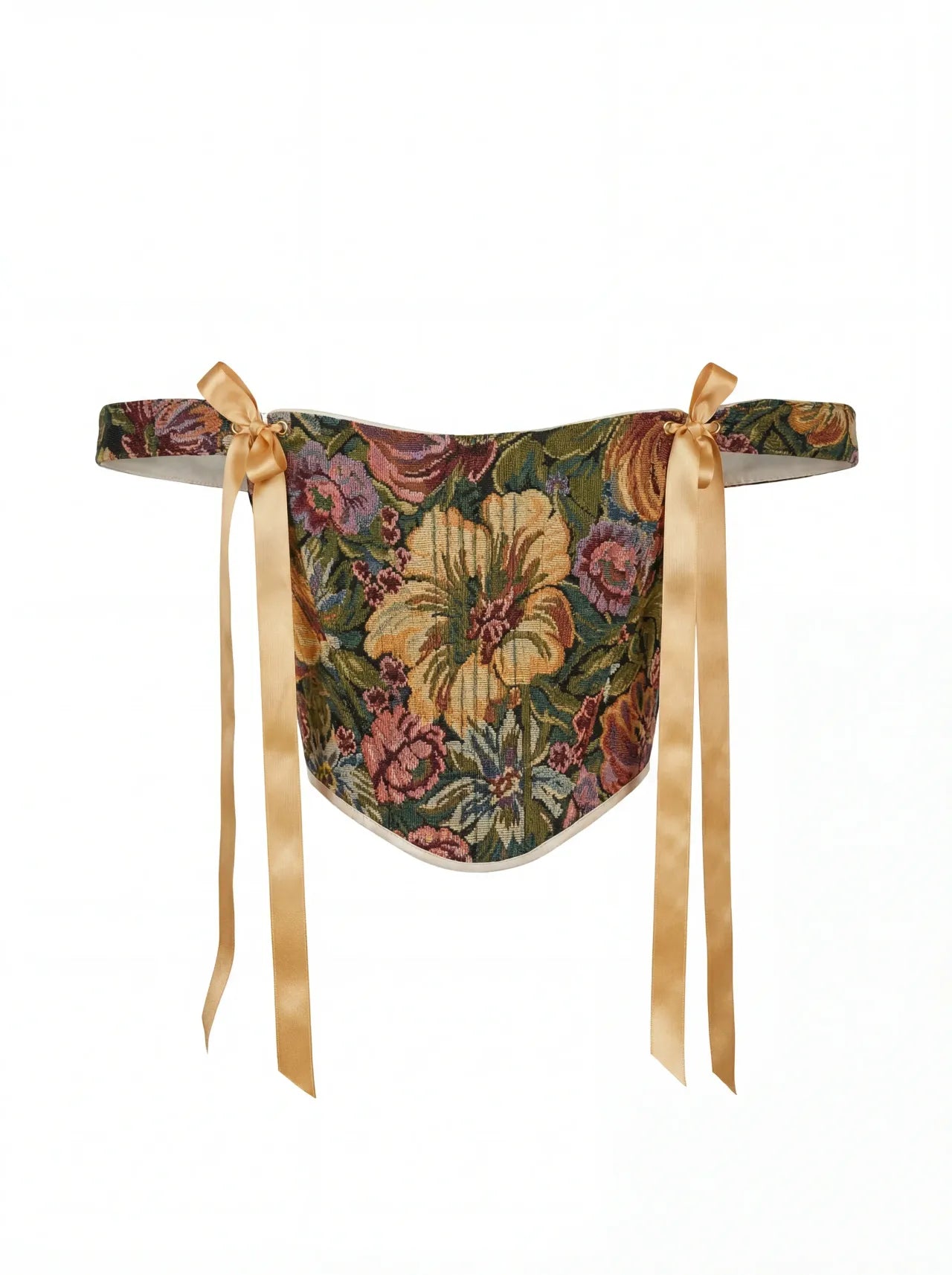 Khaki floral corset top, structured boned bodice, reversible lace up corset, off shoulder ribbon straps, waist shaping silhouette, handmade custom size corset, renaissance fair outfit, vintage botanical tapestry top, festival or evening styling
