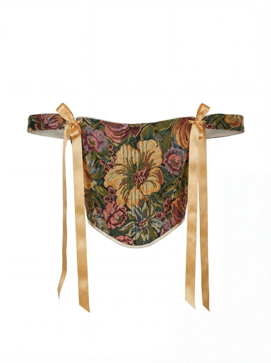 Khaki floral corset top, structured boned bodice, reversible lace up corset, off shoulder ribbon straps, waist shaping silhouette, handmade custom size corset, renaissance fair outfit, vintage botanical tapestry top, festival or evening styling
