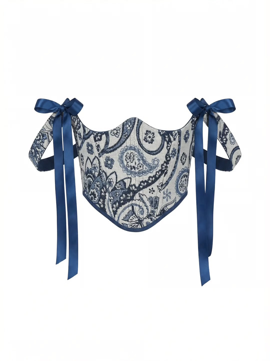 Blue underbust corset with straps, structured boned bodice, lace up waist corset, ornamental tapestry design, ribbon shoulder detail, waist shaping silhouette, handmade custom size corset, renaissance outfit, statement evening styling
