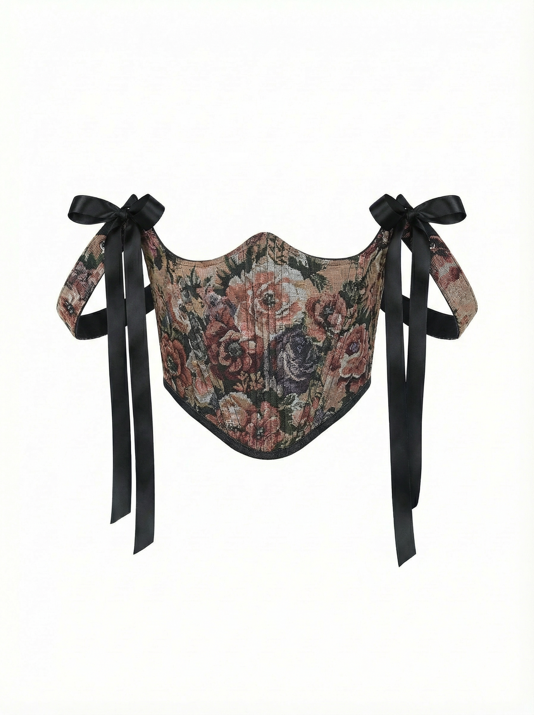 Brown floral underbust corset with straps, structured boned bodice, lace up waist corset, dark tapestry floral design, ribbon shoulder detail, waist shaping silhouette, handmade custom size corset, renaissance outfit, gothic evening styling
