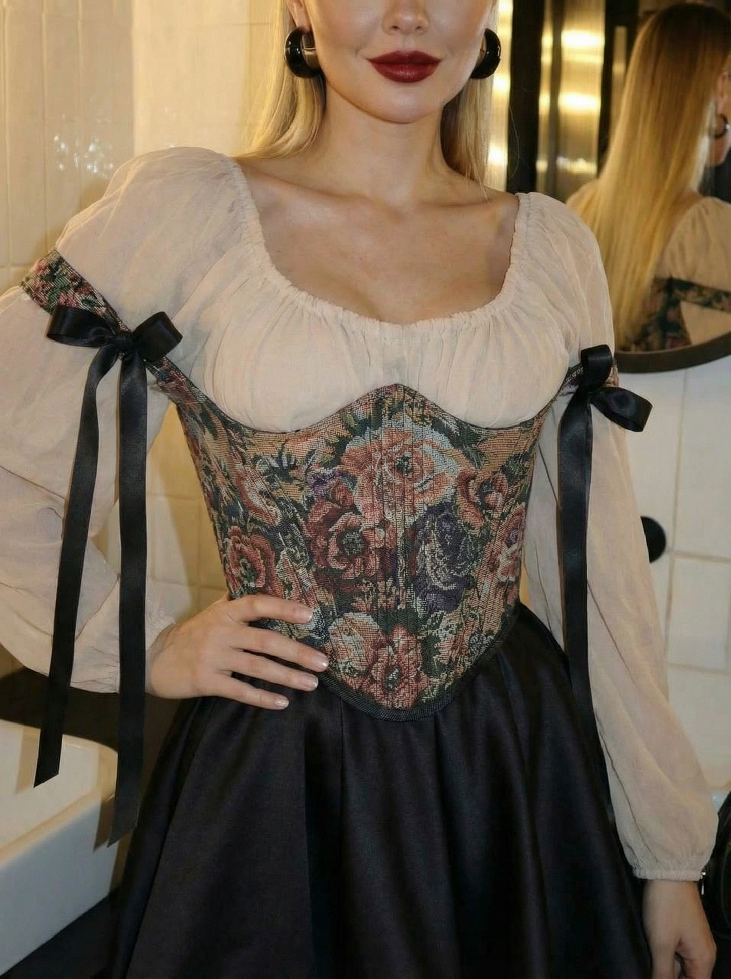 Brown floral underbust corset with straps, structured boned bodice, lace up waist corset, dark tapestry floral design, ribbon shoulder detail, waist shaping silhouette, handmade custom size corset, renaissance outfit, gothic evening styling
