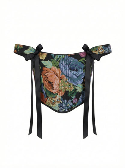 Black floral corset top, tapestry off shoulder corset, gothic ribbon lace up corset, renaissance boned bodice, custom size waist cincher