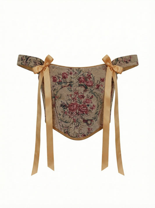 Renaissance corset top, reversible floral jacquard tapestry corset, structured boned bodice, off shoulder neckline, lace up back closure, waist shaping silhouette, ribbon strap detail, handmade custom size corset, renaissance fair outfit, festival styling, romantic evening look