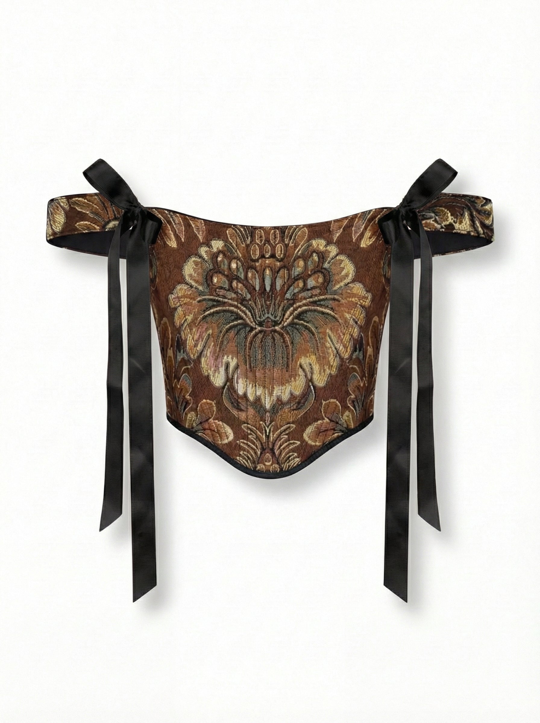 Brown gold corset top, baroque tapestry corset, structured boned bodice, reversible lace up corset, off shoulder ribbon straps, waist shaping silhouette, handmade custom size corset, renaissance outfit, regal evening styling