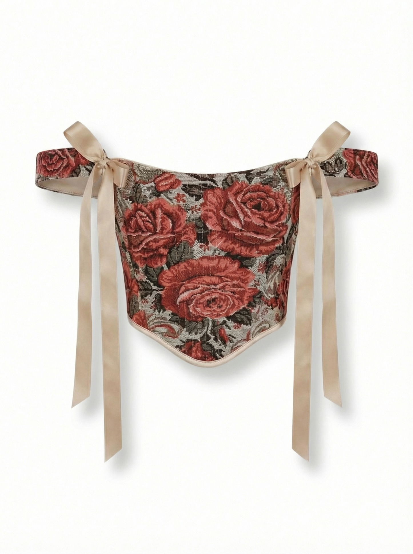 reversible red flowers renaissance corset top boned jacquard front view