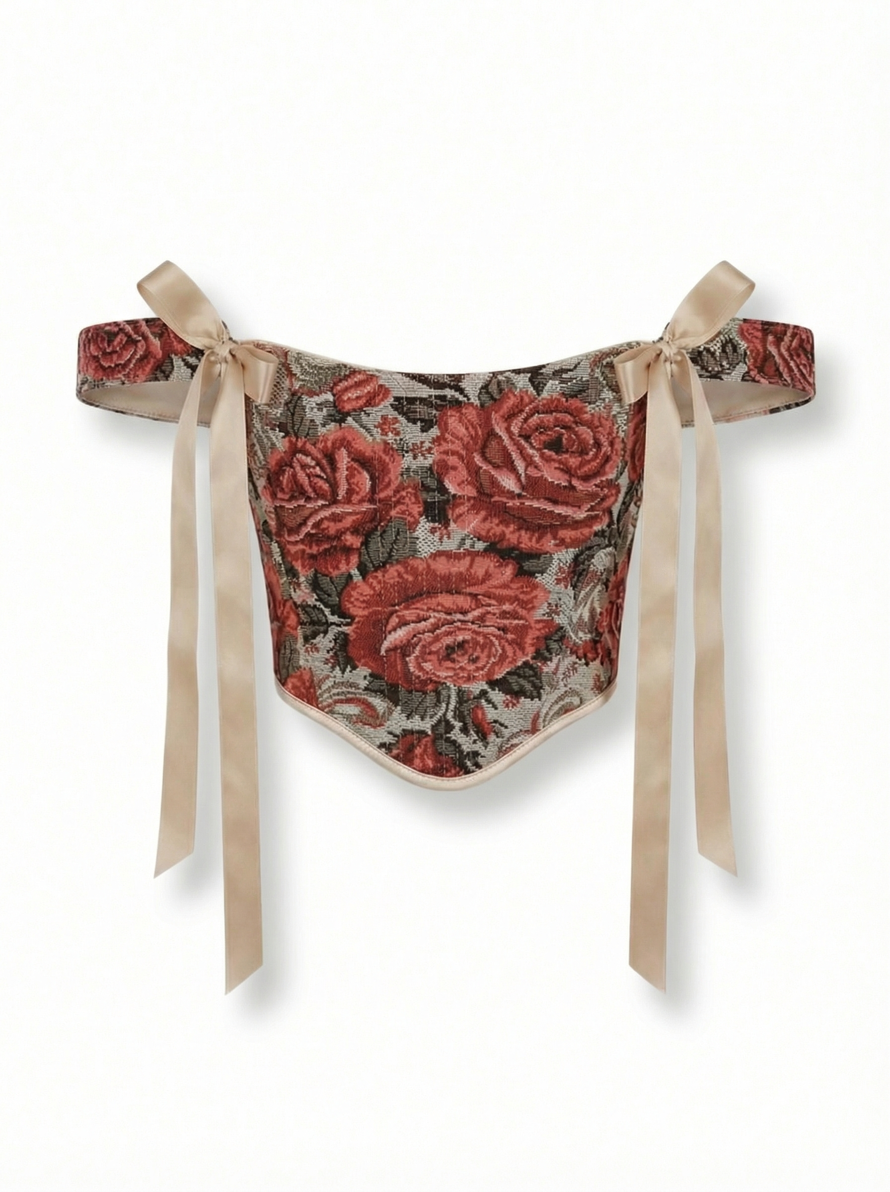 reversible red flowers renaissance corset top boned jacquard front view