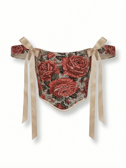 reversible red flowers renaissance corset top boned jacquard front view