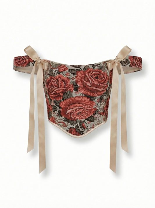 reversible red flowers renaissance corset top boned jacquard front view