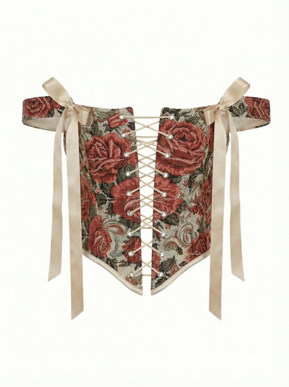 Reversible red floral corset top with lace-up front and back, structured boned bustier with jacquard fabric and adjustable fit, available with red or beige back panel
