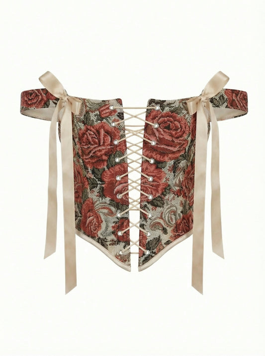 Reversible red floral corset top with lace-up front and back, structured boned bustier with jacquard fabric and adjustable fit, available with red or beige back panel
