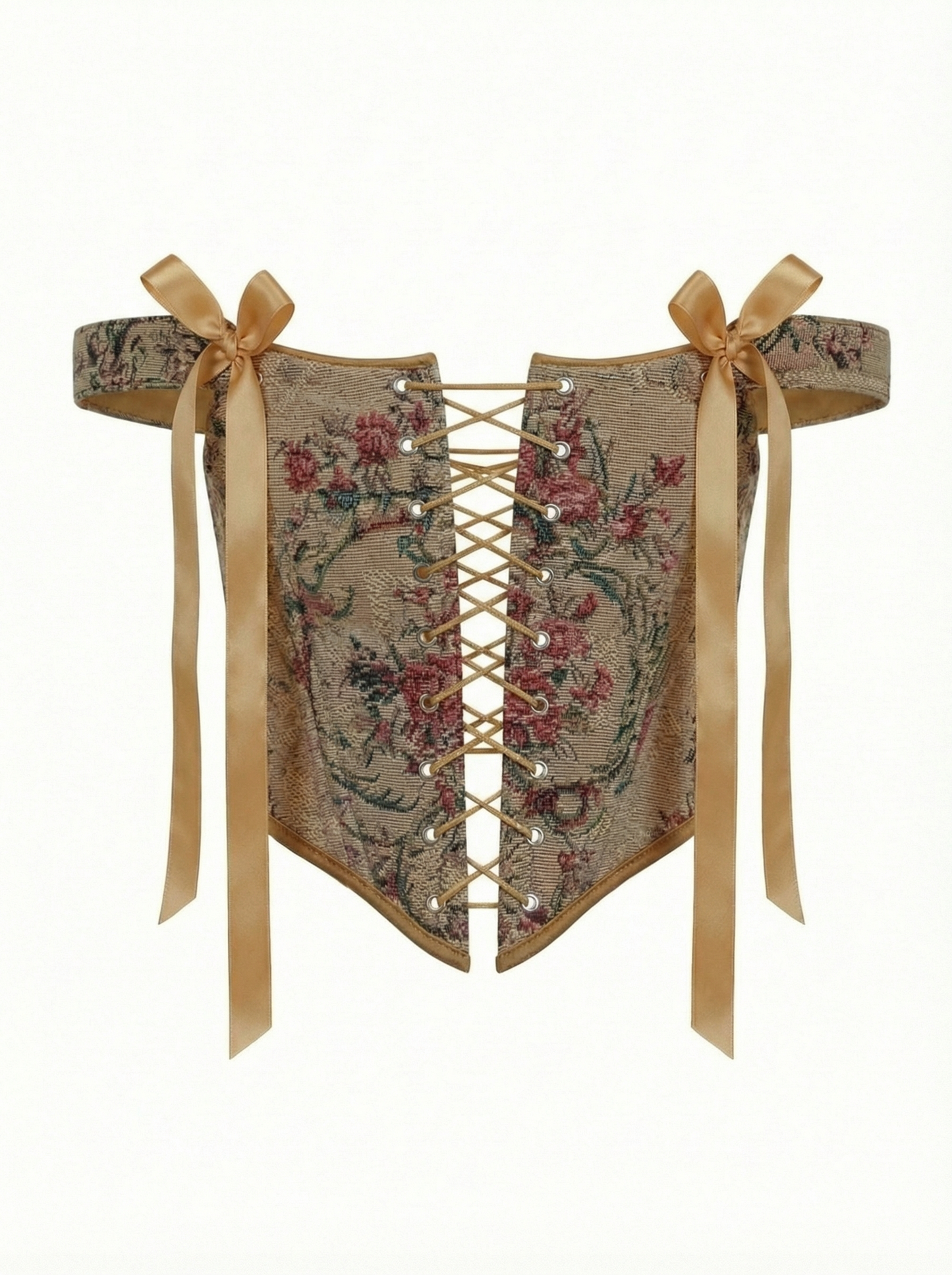 cognac floral corset top reversible, lace up corset front and back, tapestry corset with cognac flowers pattern, cognac denim reversible corset top, structured overbust corset for waist shaping, adjustable corset top custom size, warm tone corset outfit aesthetic, feminine silhouette shaping corset, two sided corset cognac fabric, ditogs corsets cognac flowers design