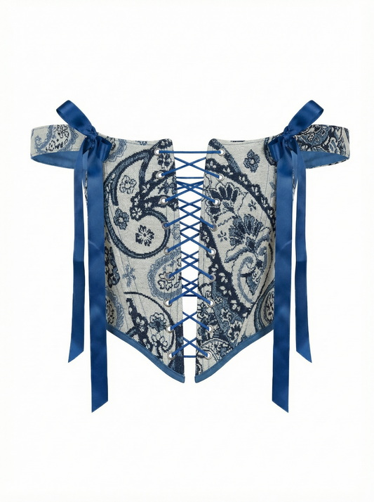blue print underbust corset with floral pattern, structured waist corset with boning, romantic corset top for dress layering, renaissance inspired corset belt, blue aesthetic outfit corset, custom size waist shaper, elegant corset for wedding guest or everyday styling, detailed fabric texture, feminine silhouette shaping corset, ditogs corsets blue floral design