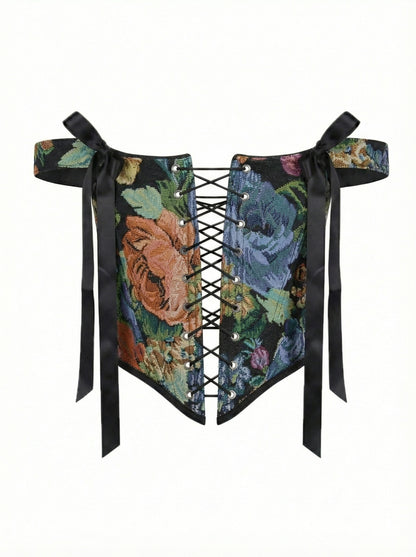 black floral corset top overbust, lace up corset front and back, tapestry corset with black flowers pattern, structured corset top for waist shaping, gothic romantic corset outfit, adjustable lace up corset top, custom size corset for perfect fit, elegant black corset with floral fabric texture, feminine silhouette shaping corset, ditogs corsets black flowers design
