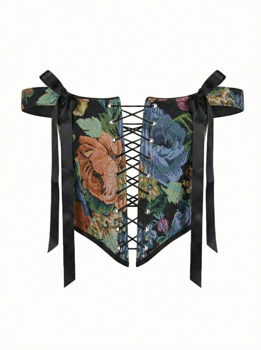 black floral corset top overbust, lace up corset front and back, tapestry corset with black flowers pattern, structured corset top for waist shaping, gothic romantic corset outfit, adjustable lace up corset top, custom size corset for perfect fit, elegant black corset with floral fabric texture, feminine silhouette shaping corset, ditogs corsets black flowers design
