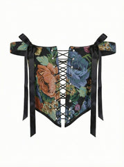 Reversible Black Flowers Corset Top, Lace Up Front & Back, Boned Bustier