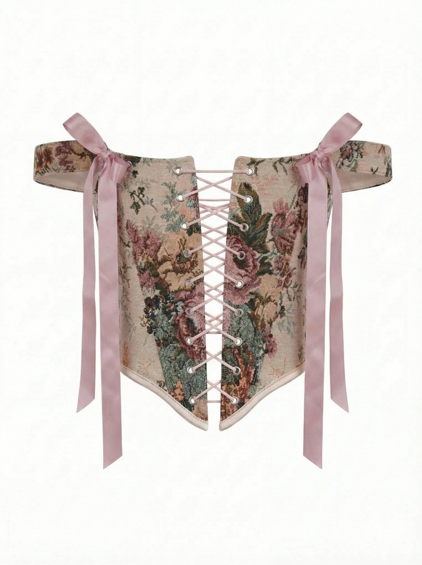 pink floral corset top reversible, lace up corset front and back, tapestry corset with pink flowers pattern, beige reversible corset top, structured overbust corset for waist shaping, romantic corset outfit aesthetic, adjustable corset top custom size, feminine silhouette corset, two sided corset pink and beige, ditogs corsets pink flowers design