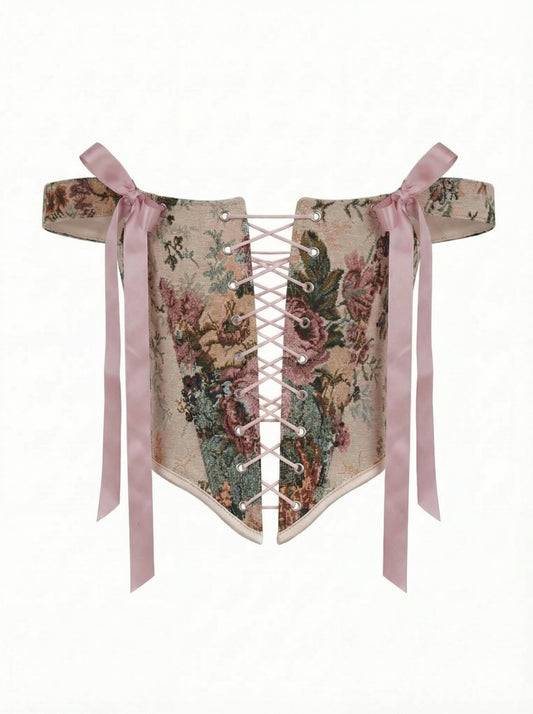 pink floral corset top reversible, lace up corset front and back, tapestry corset with pink flowers pattern, beige reversible corset top, structured overbust corset for waist shaping, romantic corset outfit aesthetic, adjustable corset top custom size, feminine silhouette corset, two sided corset pink and beige, ditogs corsets pink flowers design