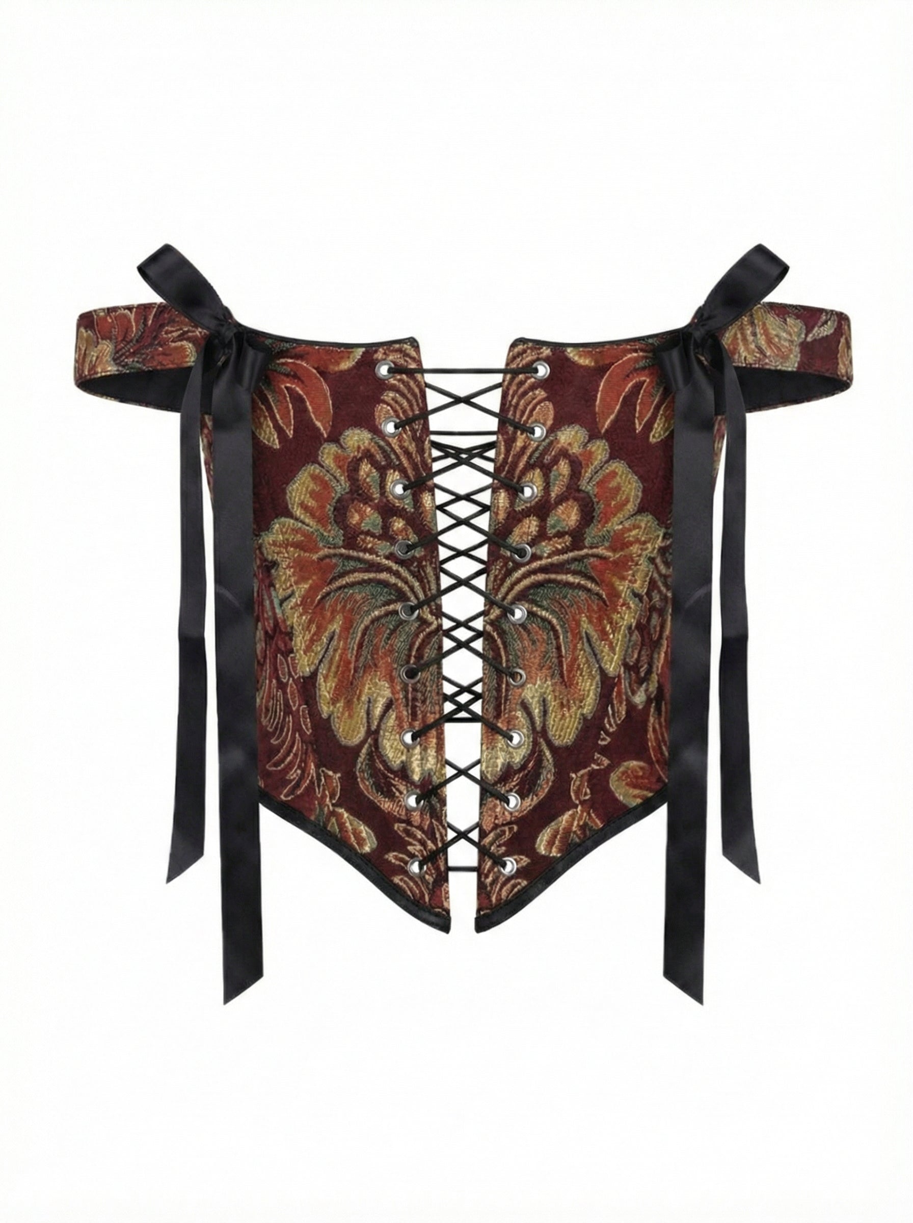 gold floral corset top reversible, lace up corset front and back, tapestry corset with gold flowers pattern, black reversible corset top, structured overbust corset for waist shaping, adjustable corset top custom size, elegant gold corset outfit aesthetic, feminine silhouette shaping corset, two sided corset gold and black, ditogs corsets gold flowers design
