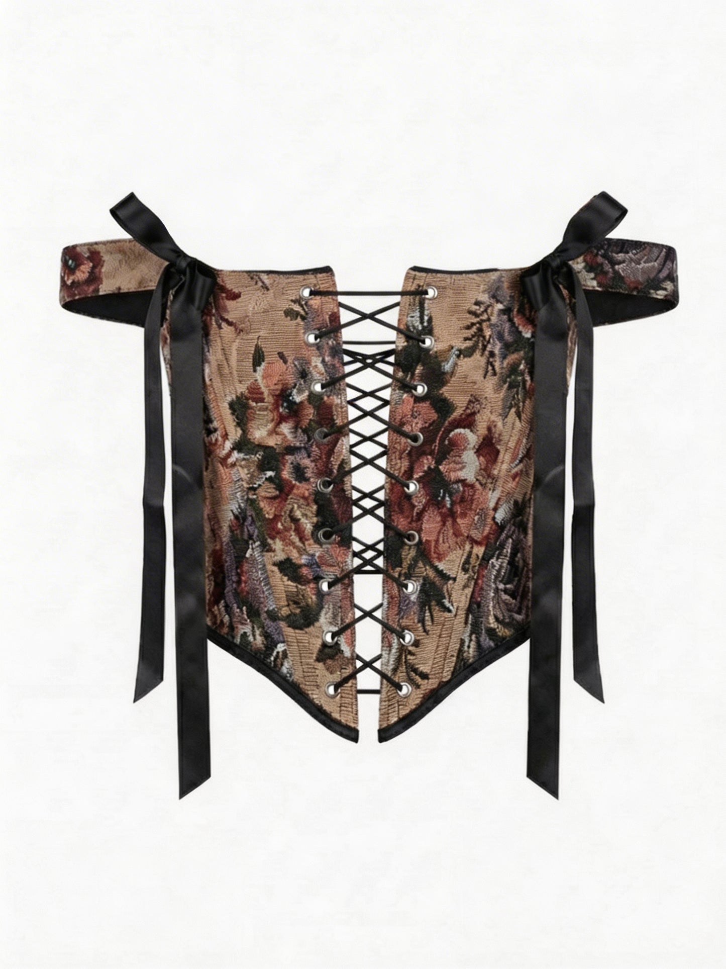 brown flowers corset top, reversible corset top, floral corset, brown floral corset, black denim corset, lace up corset, lace up front and back, boned bustier, structured corset top, jacquard corset top, adjustable corset top, vintage inspired corset, statement corset top