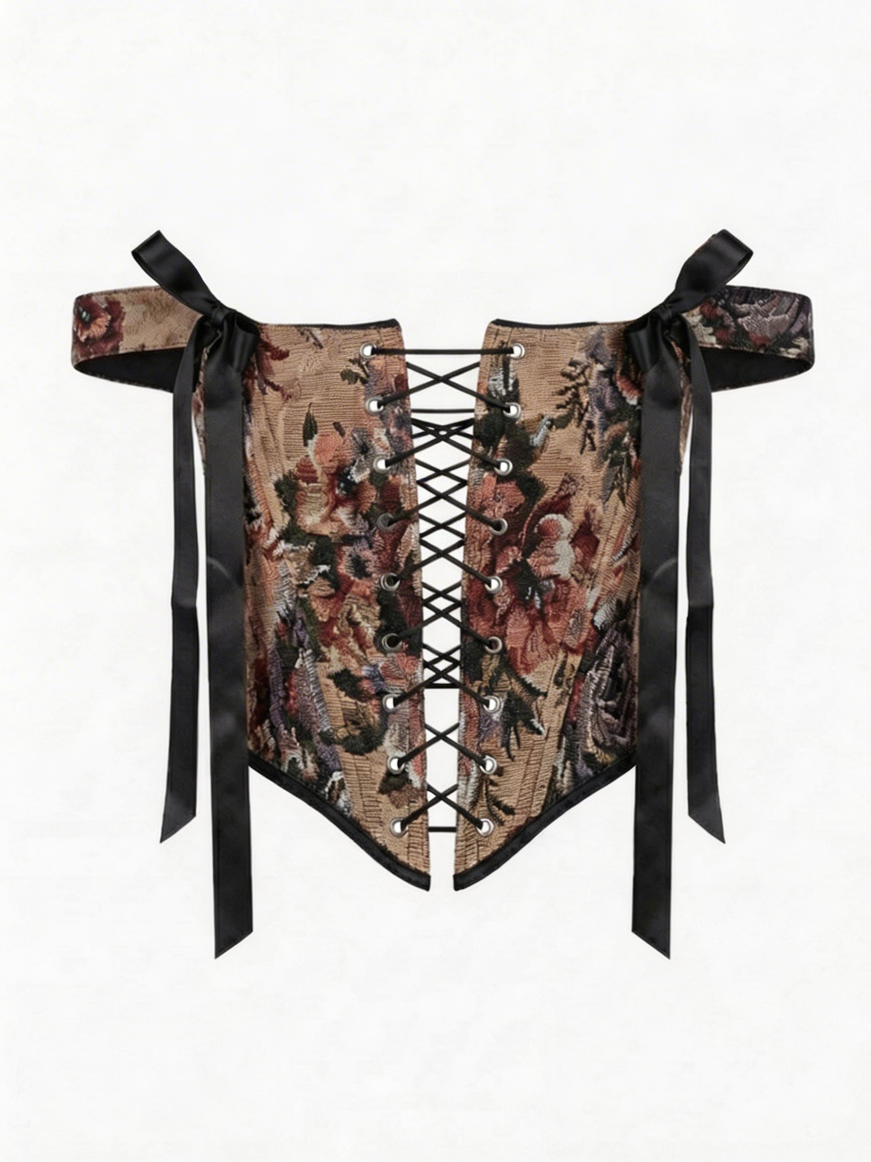 brown flowers corset top, reversible corset top, floral corset, brown floral corset, black denim corset, lace up corset, lace up front and back, boned bustier, structured corset top, jacquard corset top, adjustable corset top, vintage inspired corset, statement corset top