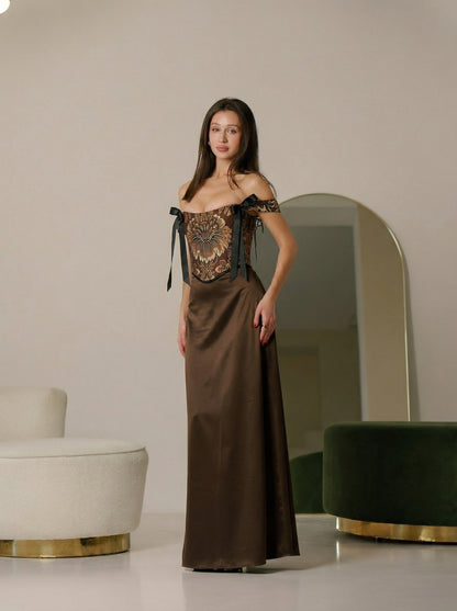 Brown gold corset top, baroque tapestry corset, structured boned bodice, reversible lace up corset, off shoulder ribbon straps, waist shaping silhouette, handmade custom size corset, renaissance outfit, regal evening styling