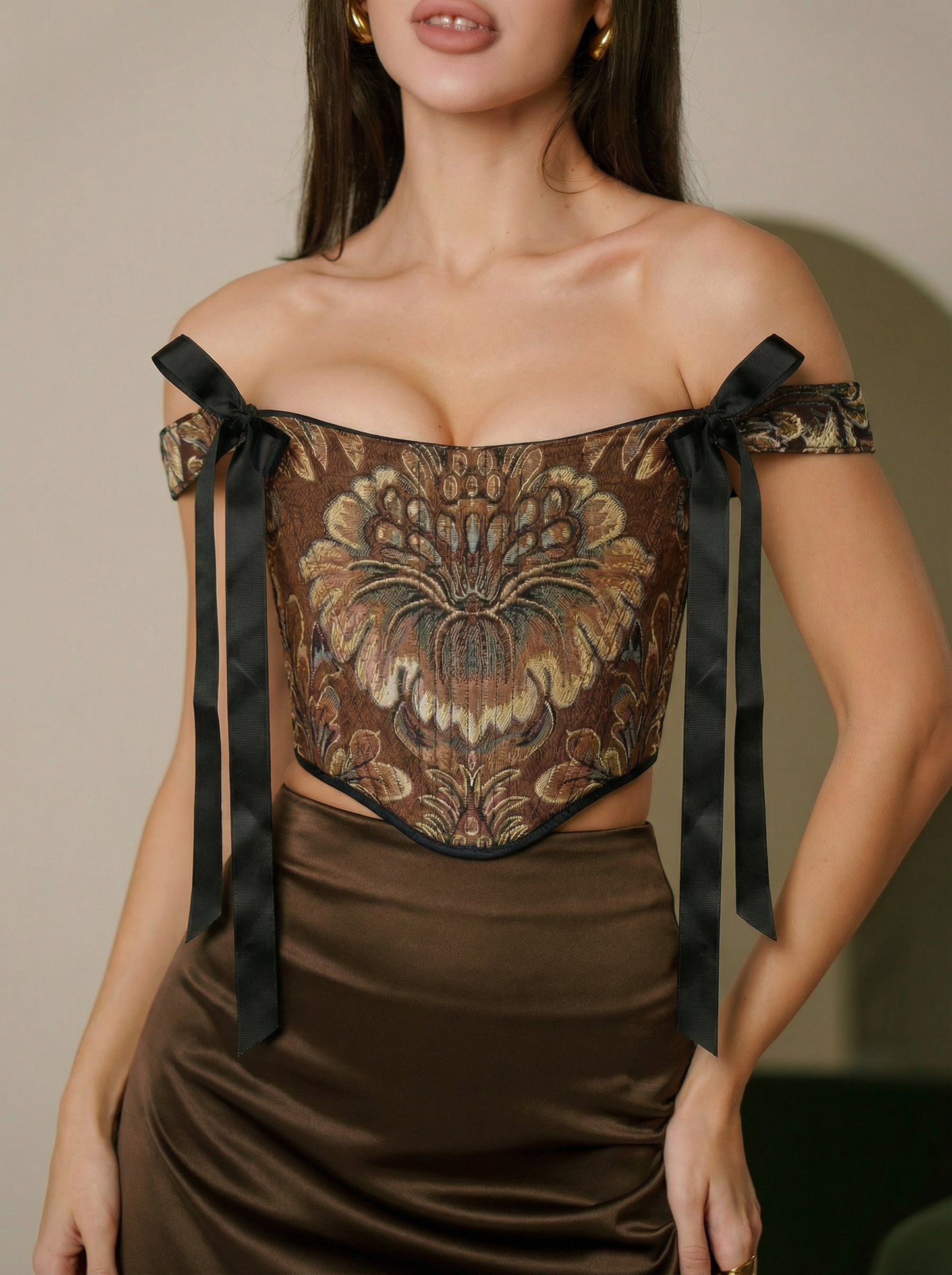 Brown gold corset top, baroque tapestry corset, structured boned bodice, reversible lace up corset, off shoulder ribbon straps, waist shaping silhouette, handmade custom size corset, renaissance outfit, regal evening styling