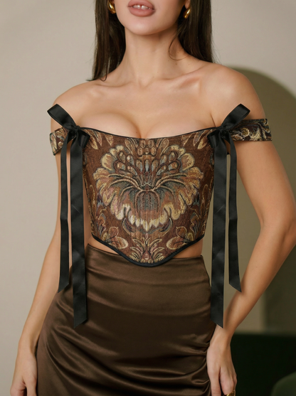 Brown gold corset top, baroque tapestry corset, structured boned bodice, reversible lace up corset, off shoulder ribbon straps, waist shaping silhouette, handmade custom size corset, renaissance outfit, regal evening styling